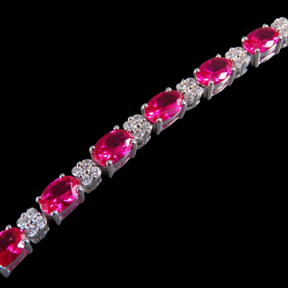 STERLING SILVER Tennis Bracelet FUCHSIA PINK SAPPHIRES Lab-Created w/Topaz Trim - Picture 5 of 9
